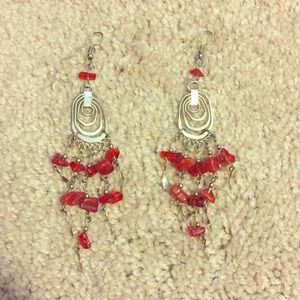 Red & silver dangle earrings
